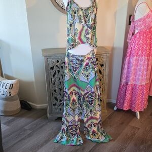 Vibrant Elegant Patterned  Halter Top and Matching Palazzo Pant Silk NWT
